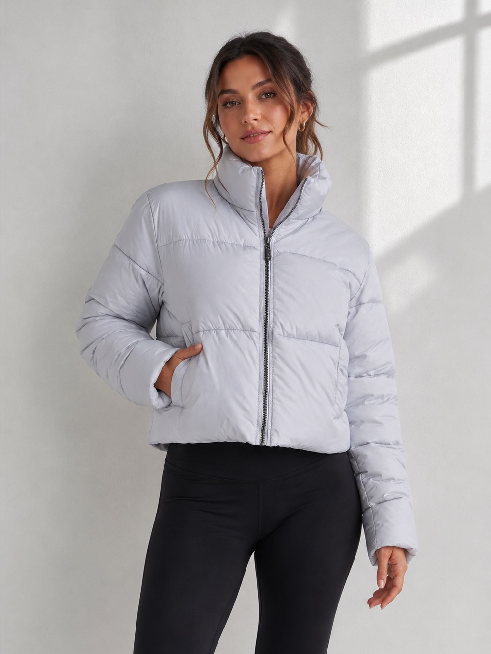 Double Zero Silver Gray Cropped Puffer Jacket | Cozy Zip-Up Quilted Coat